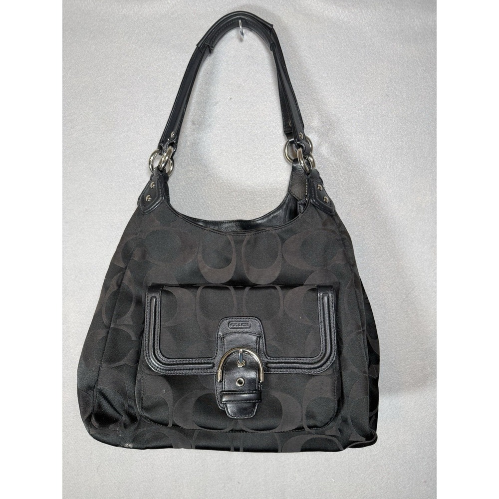 COACH Signature Sateen Campbell Hobo Bag Purse Black Charm Buckle Zip F1380